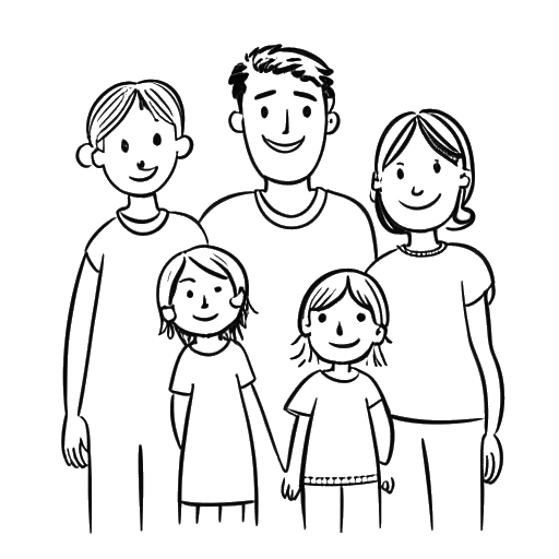 Desenho em arte linear de uma família com três crianças, sendo o do meio representando Caleb Coffee.