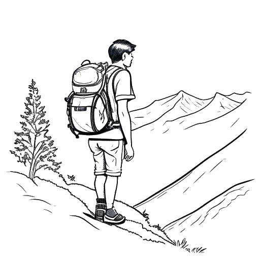 Line art drawing of a young man, representing Caleb Coffee, hiking on a mountain trail with a backpack.
