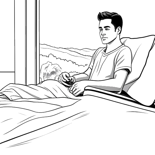 Dibujo de líneas de un joven, representando a Caleb Coffee, con un yeso en el brazo sentado en una cama de hospital con un acantilado en el fondo.