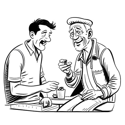 Line art drawing of a young man, representing Caleb Coffee, playing a prank on an older man, representing his father.