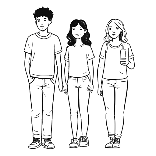 Line art drawing of three young adults, representing the Coffee siblings, standing in a line from oldest to youngest.