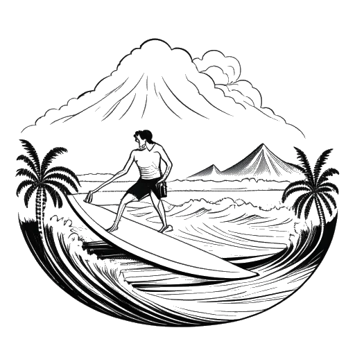 Disegno in bianco e nero di un giovane uomo, rappresentante Caleb Coffee, che fa surf con una palma e un vulcano sullo sfondo.