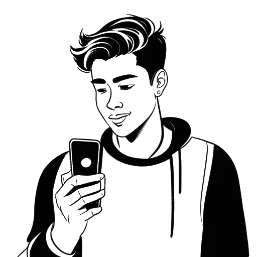Dessin en ligne d'un jeune homme, représentant Caleb Coffee, utilisant un smartphone avec un logo TikTok en arrière-plan.