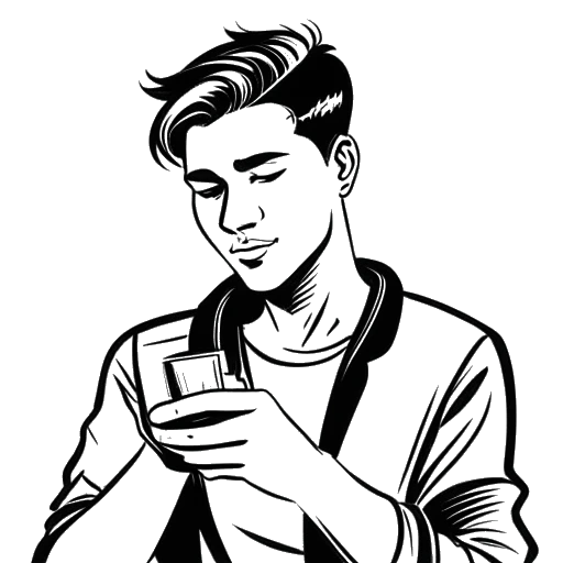 Desenho em arte linear de um jovem, representando Caleb Coffee, usando um smartphone com um símbolo de cruz ao fundo.