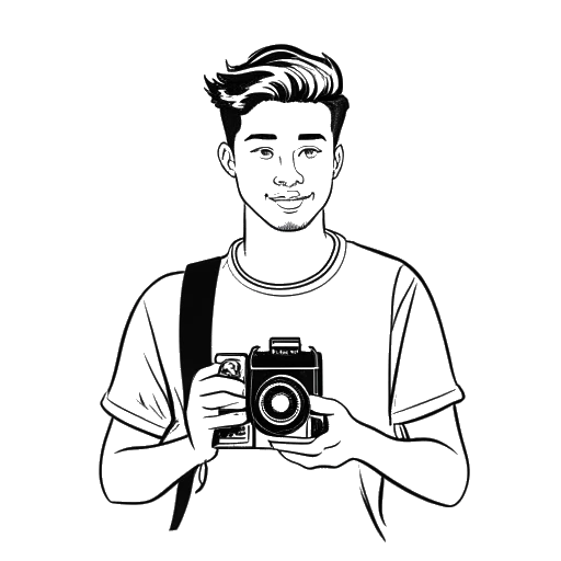 Disegno in bianco e nero di un giovane uomo, rappresentante Caleb Coffee, che tiene una videocamera con un pulsante di riproduzione di YouTube sullo sfondo.