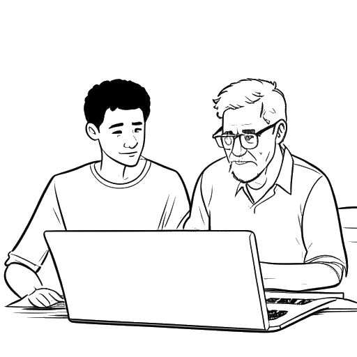 Lijntekening van een jonge man en een oudere man, die Caleb Coffee en zijn vader vertegenwoordigen, die samen video's bekijken op een laptop.