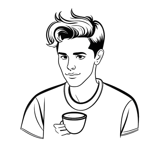 Dessin en ligne d'un jeune homme, représentant Caleb Coffee, avec un symbole Bélier en arrière-plan.