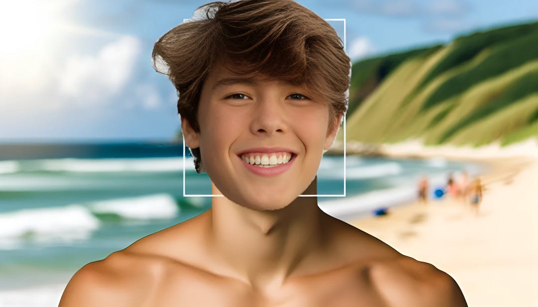 Kaukasischer männlicher Teenager mit einem skulptierten Körper und grünen Augen, der Selbstvertrauen und Positivität ausstrahlt, mit einer malerischen Strandlandschaft im Hintergrund.