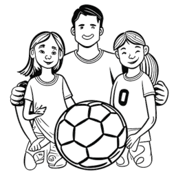 Line drawing of a family man, representing Will Ferrell, with a soccer team emblem, joined by a Scandinavian woman and children, depicting his philanthropic and artistic interests, all on a white canvas.