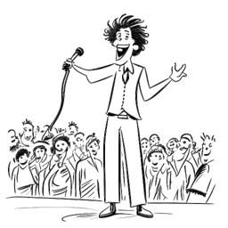 Lijntekening van een opgewekte entertainer, die Will Ferrell vertegenwoordigt, met een kenmerkend kapsel, optredend voor een extatisch publiek dat doet denken aan het Eurovisie Songfestival, terwijl hij humoristisch aanpakt om thuis te leven tijdens de pandemie, allemaal op een witte achtergrond.