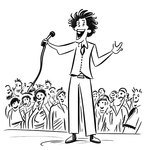 Line art of a jovial entertainer, representing Will Ferrell, with a signature hairstyle, performing before an ecstatic crowd reminiscent of Eurovision, while humorously adapting to home life during the pandemic, all showcased on a white background.