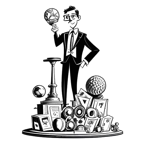 Line art drawing of a tall man representing Will Ferrell, standing atop film reels, clutching a football, and holding a mask and an Emmy, symbolizing his diverse sources of income.