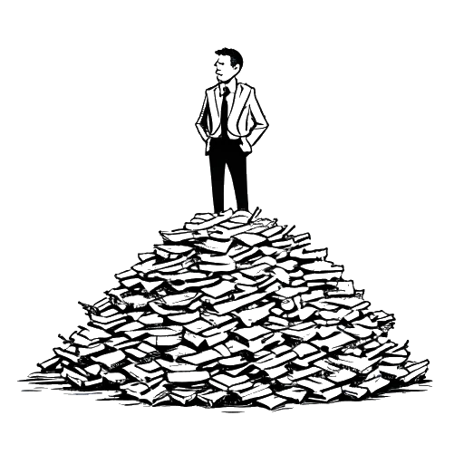 Line art drawing of Will Ferrell standing next to a large pile of money