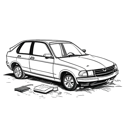Disegno in bianco e nero di Will Ferrell accanto a un'auto danneggiata