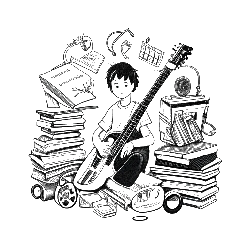 Line art drawing of a young Will Ferrell surrounded by books and musical instruments