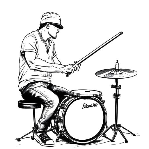 Line art drawing of Will Ferrell competing in a drum-off against Chad Smith