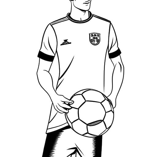 Line art drawing of Will Ferrell holding a soccer ball with a Los Angeles FC jersey