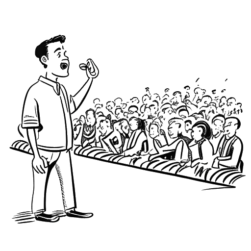 Desenho de arte em linha de Will Ferrell pregando peças nas pessoas em um evento público e fazendo comentários esportivos
