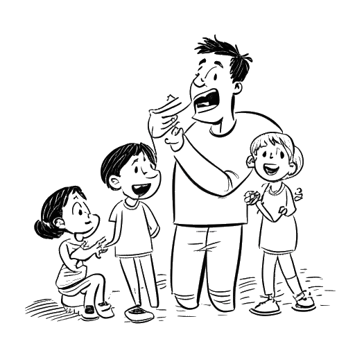 Desenho de arte em linha de Will Ferrell contando piadas para seus filhos durante a quarentena