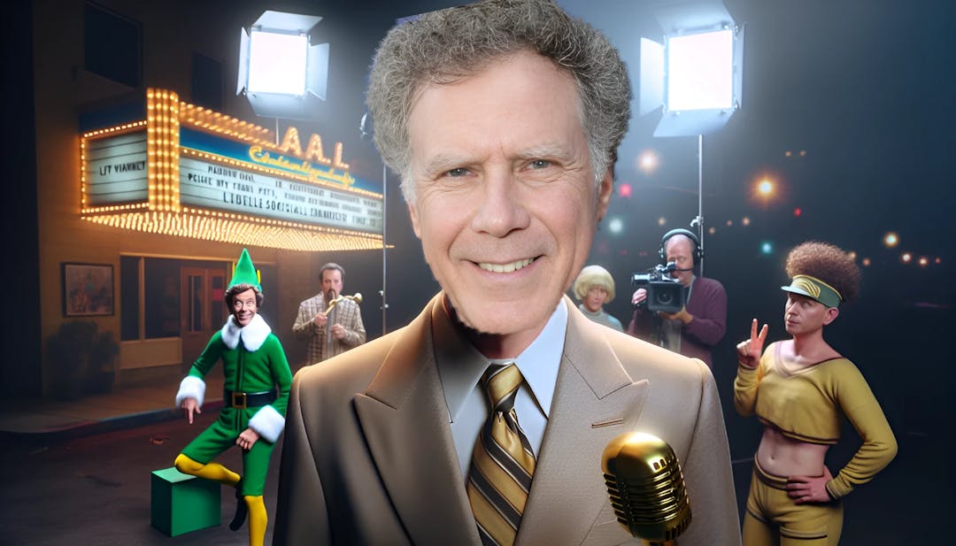 Will Ferrell de terno, segurando um microfone dourado, com adereços icônicos de filmes e o teatro The Groundlings ao fundo.