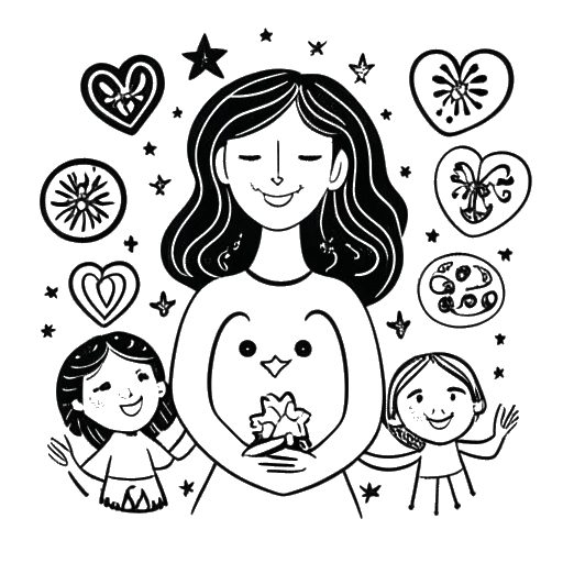 Strichzeichnung einer Frau, die Jasmin Wagner (Blümchen) darstellt, mit einem fürsorglichen Ausdruck, der mit Kindern Händchen hält. Das Bild integriert Symbole der Liebe, Großzügigkeit und Hoffnung, wie Herzen, Hände und Sterne. Es ist in Schwarz-Weiß vor einem weißen Hintergrund.