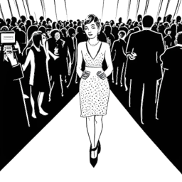 Strichzeichnung einer Frau, die Jasmin Wagner (Blümchen) darstellt, mit kurzen Haaren und modischer Kleidung, selbstbewusst auf einem roten Teppich posierend. Sie wird von Fotografen und Fans umgeben, wobei helle Scheinwerfer die Szene beleuchten. Das Bild ist in Schwarz-Weiß vor einem weißen Hintergrund.
