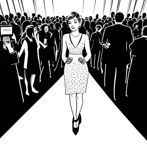 Strichzeichnung einer Frau, die Jasmin Wagner (Blümchen) darstellt, mit kurzen Haaren und modischer Kleidung, selbstbewusst auf einem roten Teppich posierend. Sie wird von Fotografen und Fans umgeben, wobei helle Scheinwerfer die Szene beleuchten. Das Bild ist in Schwarz-Weiß vor einem weißen Hintergrund.