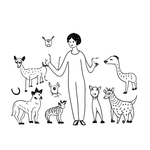 Strichzeichnung von Jasmin Wagner (Blümchen), die Händchen mit verschiedenen Tieren hält und ihre Liebe zu Tieren repräsentiert