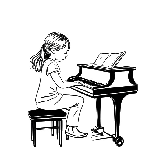 Strichzeichnung eines jungen Mädchens, das Jasmin Wagner (Blümchen) repräsentiert, beim Klavier- und Flötenspiel