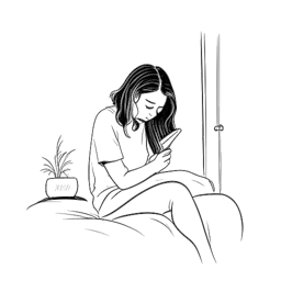 Line art drawing of a woman, representing Megan Guthrie, sitting alone in her room, feeling very depressed, and looking down on her smartphone. 