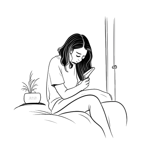Dibujo de arte lineal de una mujer, representando a Megan Guthrie, sentada sola en su habitación, sintiéndose muy deprimida y mirando hacia abajo en su teléfono inteligente.