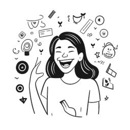 Desenho de linha de uma mulher, representando Megan Guthrie, rindo entre ícones do Instagram e TikTok, simbolizando a felicidade que ela sente em sua vida. 