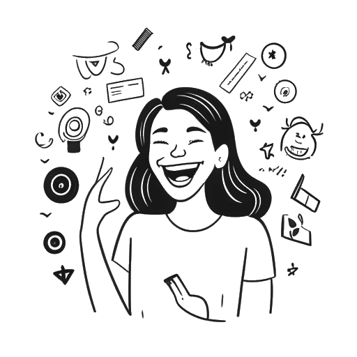 Desenho de linha de uma mulher, representando Megan Guthrie, rindo entre ícones do Instagram e TikTok, simbolizando a felicidade que ela sente em sua vida. 