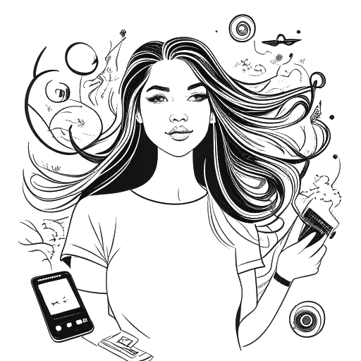 Arte de linha representando Megan Guthrie (Megnutt02), cercada por logotipos icônicos do TikTok e do Instagram, um pincel e uma passarela de moda, simbolizando suas diversas fontes de renda.