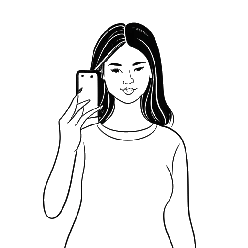 Desenho de arte de linha de uma mulher, representando Megnutt02, segurando um smartphone com o logotipo do Instagram na tela