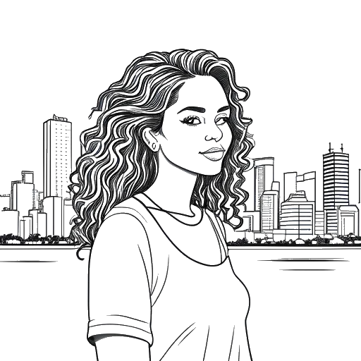 Line art drawing of a woman, representing Megnutt02, with wavy hair in a casual outfit, with the Miami skyline in the background