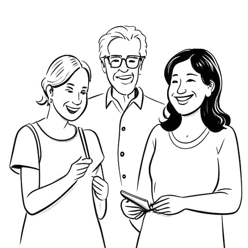 Dessin en noir et blanc d'une femme, représentant Megnutt02, souriant à deux adultes plus âgés, avec un smartphone à la main