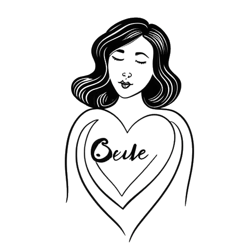 Dessin en noir et blanc d'une femme, représentant Megnutt02, tenant un cœur avec les mots 'amour de soi' inscrits dessus
