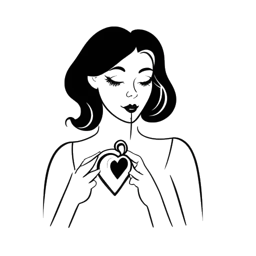 Dessin en noir et blanc d'une femme, représentant Megnutt02, avec un cadenas en forme de cœur, symbolisant la confidentialité de sa vie amoureuse