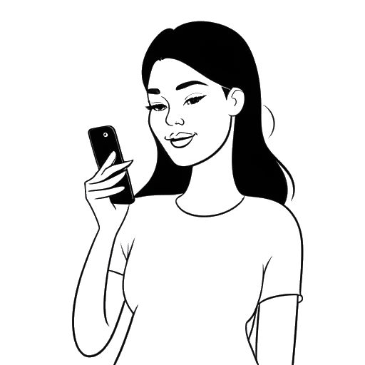 Dibujo de arte lineal de una mujer, representando a Megnutt02, sosteniendo un teléfono inteligente con el logo de TikTok en la pantalla