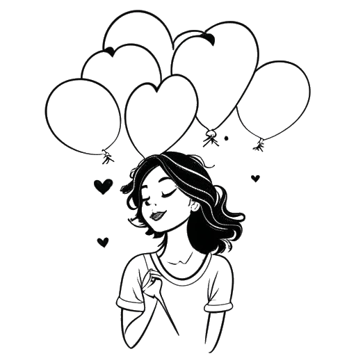 Line art drawing of a woman, representing Megnutt02, holding a heart-shaped balloon, surrounded by hearts