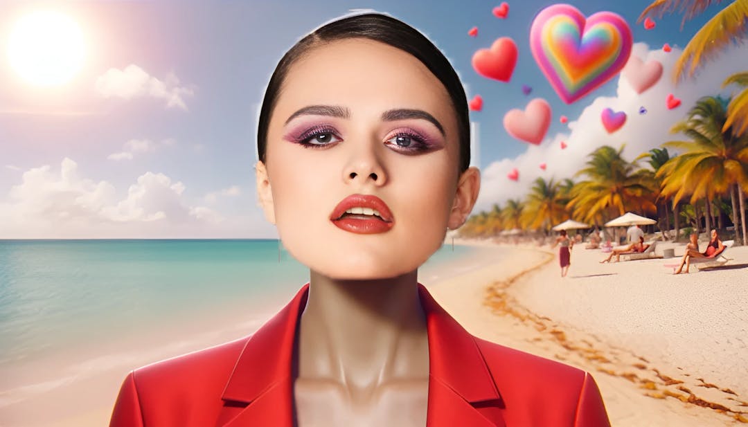 Megnutt02 (Megan Guthrie), posicionada com traje profissional e expressão neutra, em um cenário de praia em Miami com motivos do Dia dos Namorados.