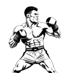 Lijnkunsttekening van Bryce Hall in een boksring, ontbloot bovenlichaam en met bokshandschoenen, die een krachtige klap uitdeelt aan zijn tegenstander, terwijl hij vastberadenheid toont.