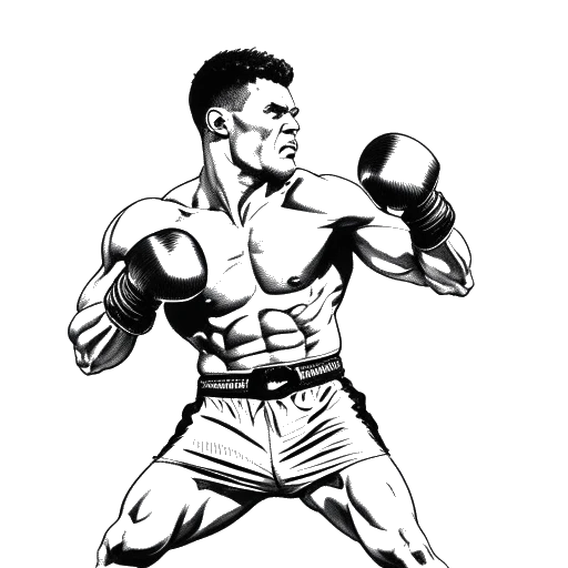 Dibujo en arte lineal de Bryce Hall en un ring de boxeo, sin camisa y con guantes de boxeo, lanzando un golpe poderoso a su oponente, demostrando determinación.