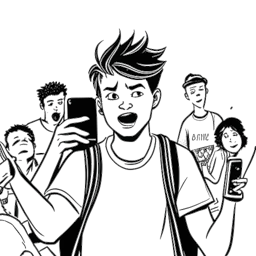 Dibujo en arte lineal de un adolescente decidido, representando a Bryce Hall, sosteniendo un teléfono y grabándose a sí mismo, mientras es ridiculizado por matones.
