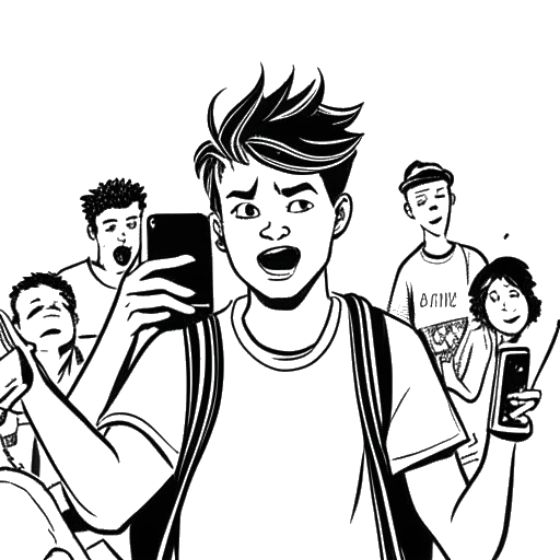 Line art drawing of a determined teenage boy representing Bryce Hall holding a phone and recording himself, while being mocked by bullies, all against a white backdrop.