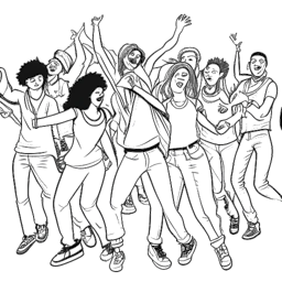 Dessin en noir et blanc de Bryce Hall accompagné d'autres créateurs de contenu, dansant et faisant du playback énergiquement sur des chansons populaires, tout en étant enregistrés par des téléphones.