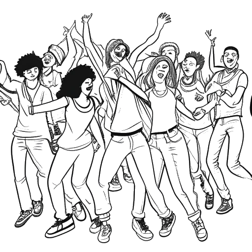 Line art drawing of Bryce Hall, accompanied by other content creators, energetically dancing and lip-syncing to popular songs, recorded by smartphone cameras, all against a white backdrop.
