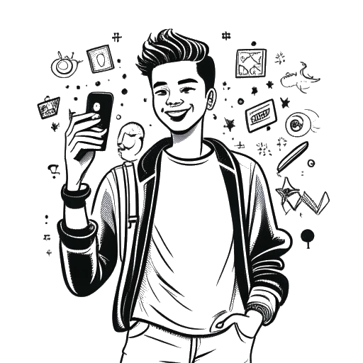 Line art drawing of a man representing Bryce Hall, with styled hair in trendy casual attire, confidently holding up a smartphone. In the background, dollar signs and popular social media icons symbolize his financial success and online presence.