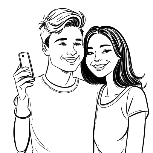 Line art drawing of a young couple, representing Bryce Hall and Addison Rae, taking a selfie.